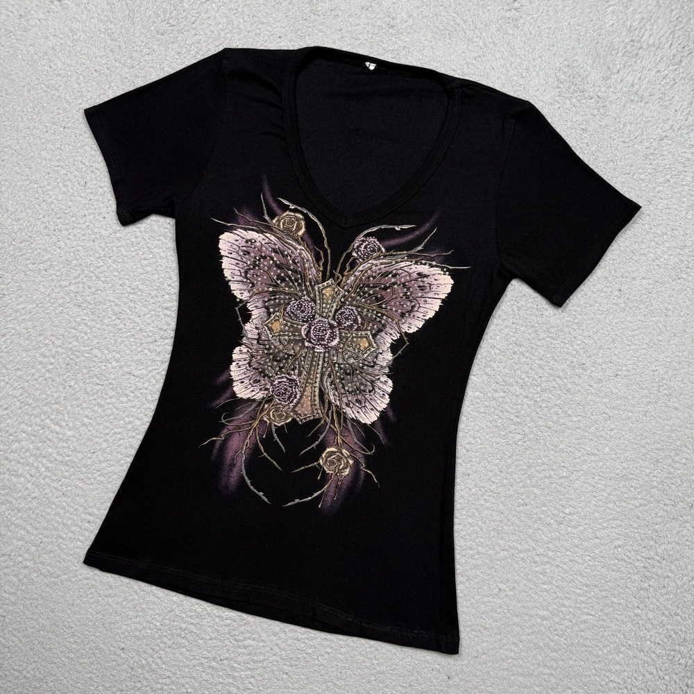Vintage Y2K Butterfly Cross Rhinestone T-shirt‎